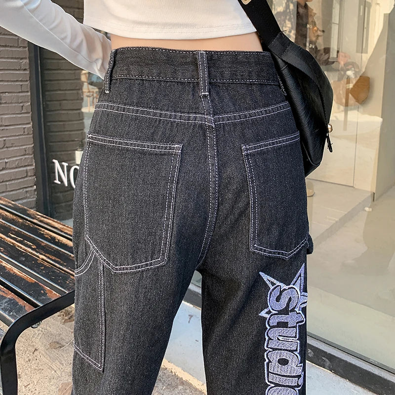 Autumn Winter New High Waist Jeans Woman American Retro Straight Tube Jeans Pants Women Letter Print Baggy Pants Ladies