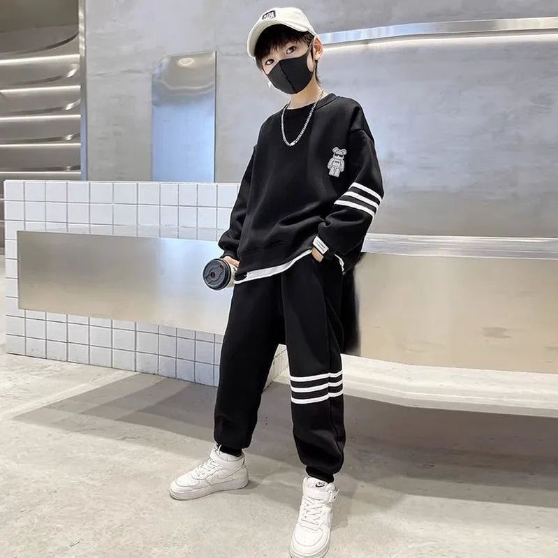 Teenage Boys Autumn Spring Fashion Cotton Suits 5-14 Years Boys Fashion Sweatshirts+Pants Tracksuits Kids Clothes Sets Black Sets