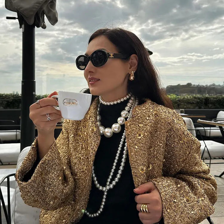 TRAFZA Woman Button Long Sleeve Jacket With Pockets Autumn Chic Outwear Women Sequin Shinny Gold Coat Fashion Streetwear Elegant