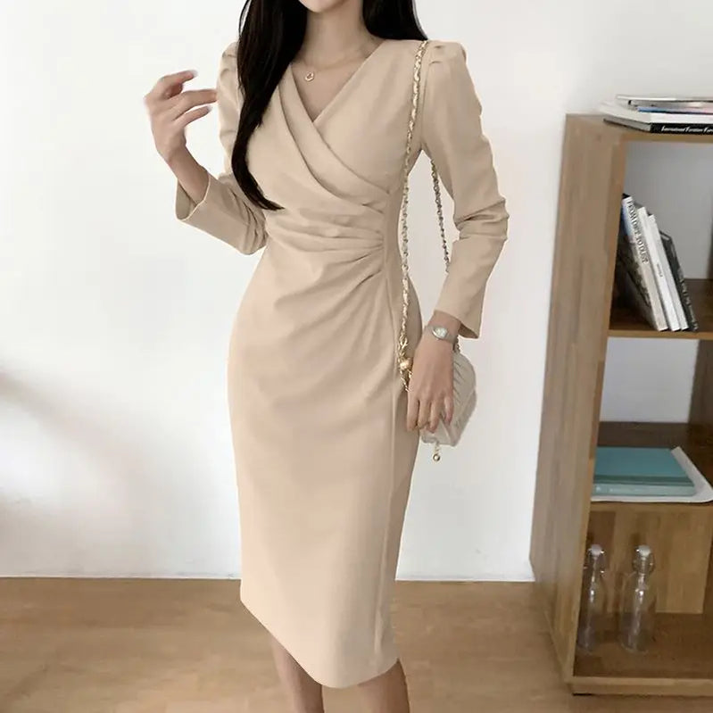 Fashion Bodycorn Dress Spring V-Neck Long Sleeve Sundress Solid Color Pleated Midi Robe Female Elegant Sexy Vestidos Beige