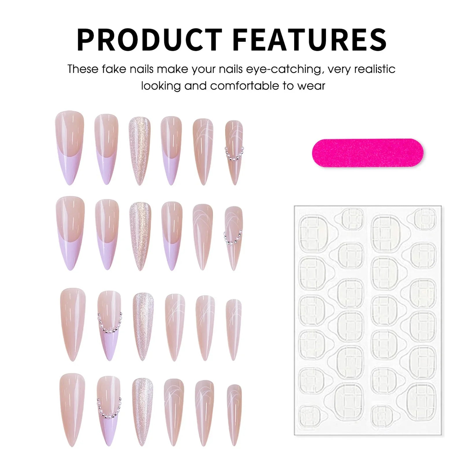 Long Stiletto Fake Nails 24Pcs Purple French Press On Nails Gentle Women Charm Manicure Glossy Cat's Eyes/Beads Decor Nails Art