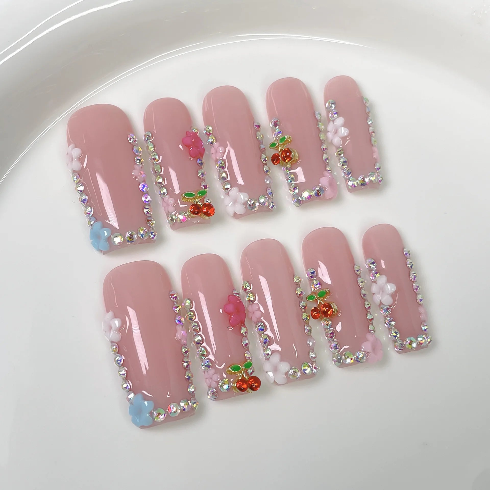10Pcs Mid-length Coffin Square Luxurious False Nails with 3D Golden Rose Stars Stick on Nails Artificial Nails Reusable Manicure