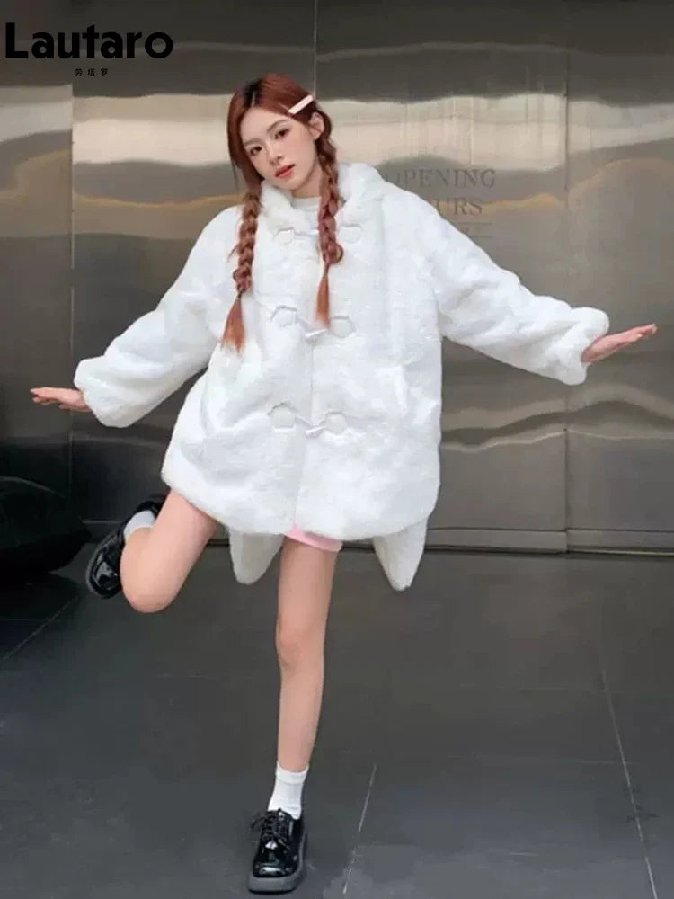 Winter Oversized Warm White Faux Fur Coat Women ith Bunny Ears Kawaii Sweet Cute Japanese Style Fluffy Jacket Hoodie