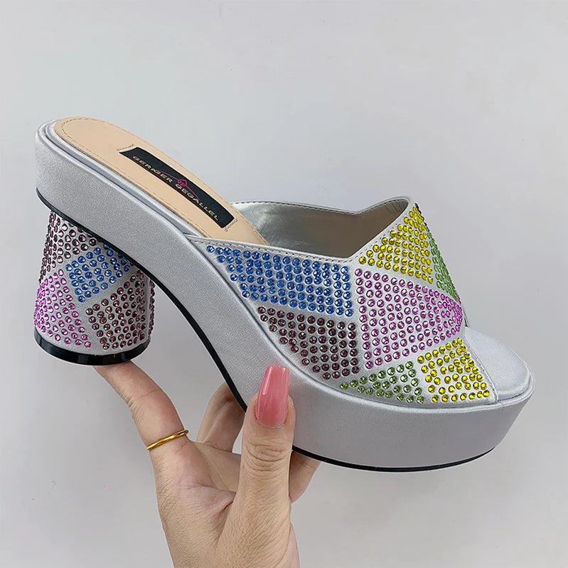 Fashion Italian Designers Luxury Round Toe Rhinestone Bright Diamond Patchwork Summer Women's Platfrom High Heels Shoes Silver