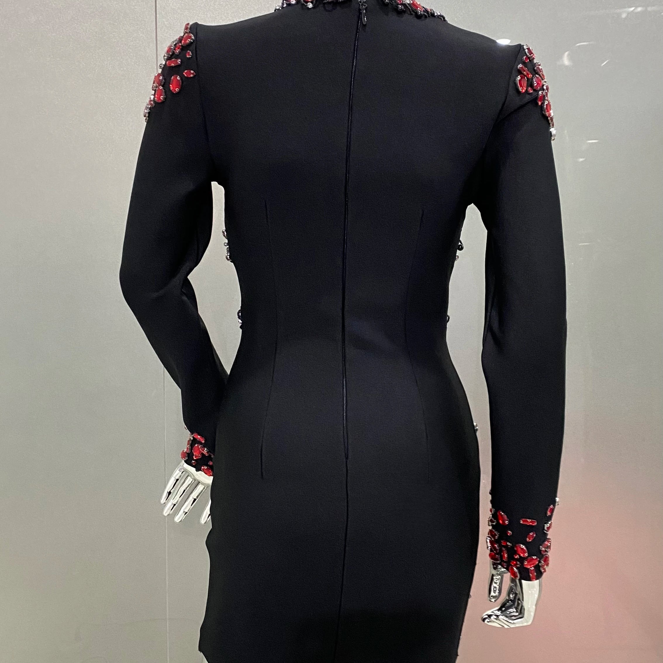 STOCK Red Diamonds Beading Sexy Hollow Out Black Mini Bandage Dress Luxury Woman Evening Party Dress Birthday Party Outfit