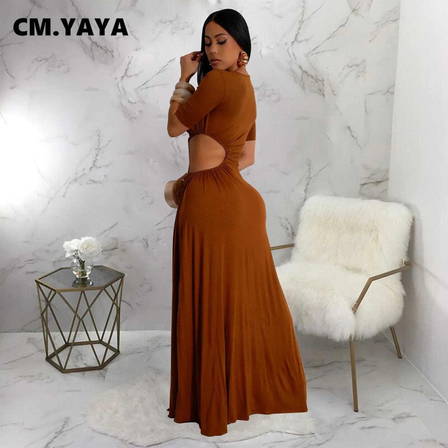 CM.YAYA Women O-neck High Split Ruched Bodycon Midi Maxi Dress 2024 Fall Street Evening Party Club Vestidos Sexy Long Dresses