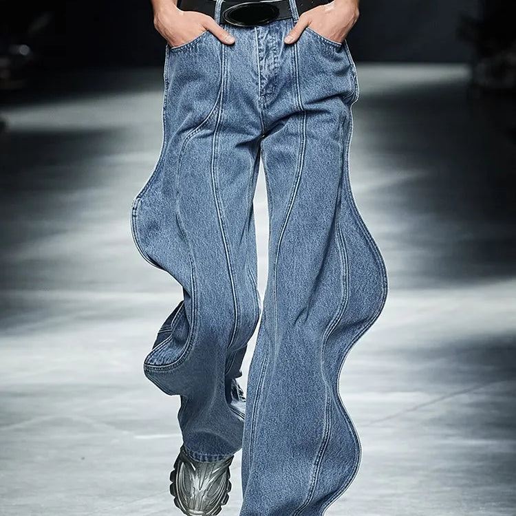 Irregular Spliced Pockets Jeans High Waist Patchwork Zipper Vintage Minimalist Wide Leg Jean Female Fashion Clothes