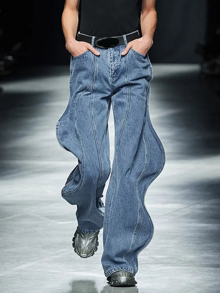 Irregular Spliced Pockets Jeans High Waist Patchwork Zipper Vintage Minimalist Wide Leg Jean Female Fashion Clothes