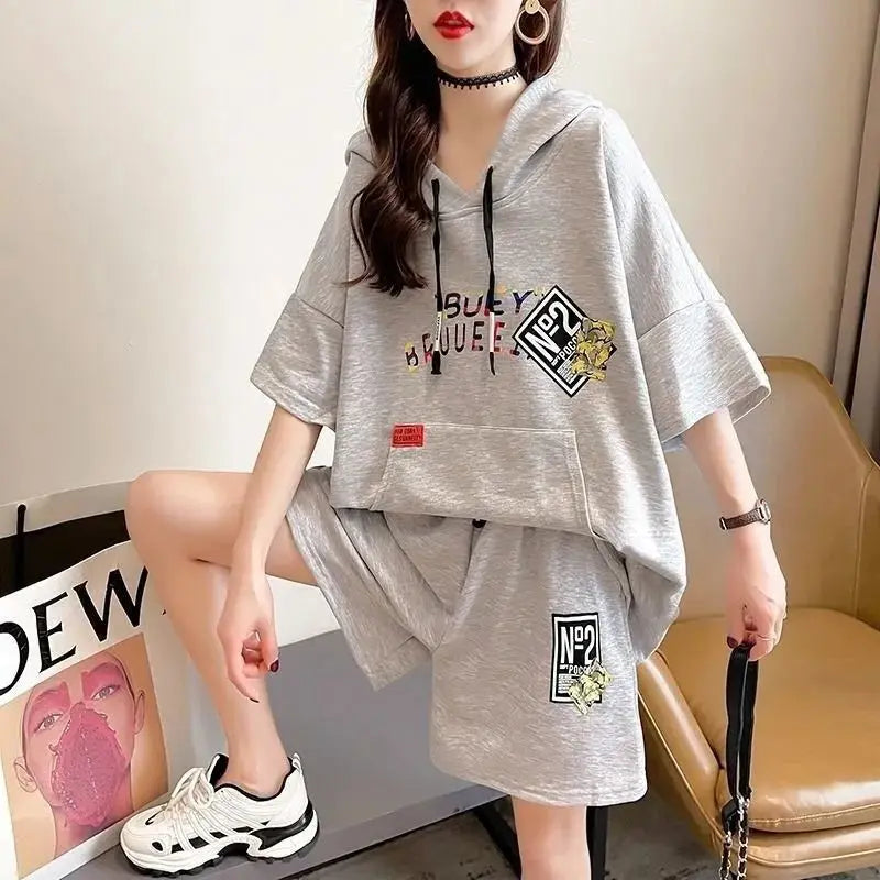 Women's Casual Suit 2025 Summer New Large Cotton Hooded Short-Sleeved Tops And Shorts Two Piece Set Household Plus Size Clothing
