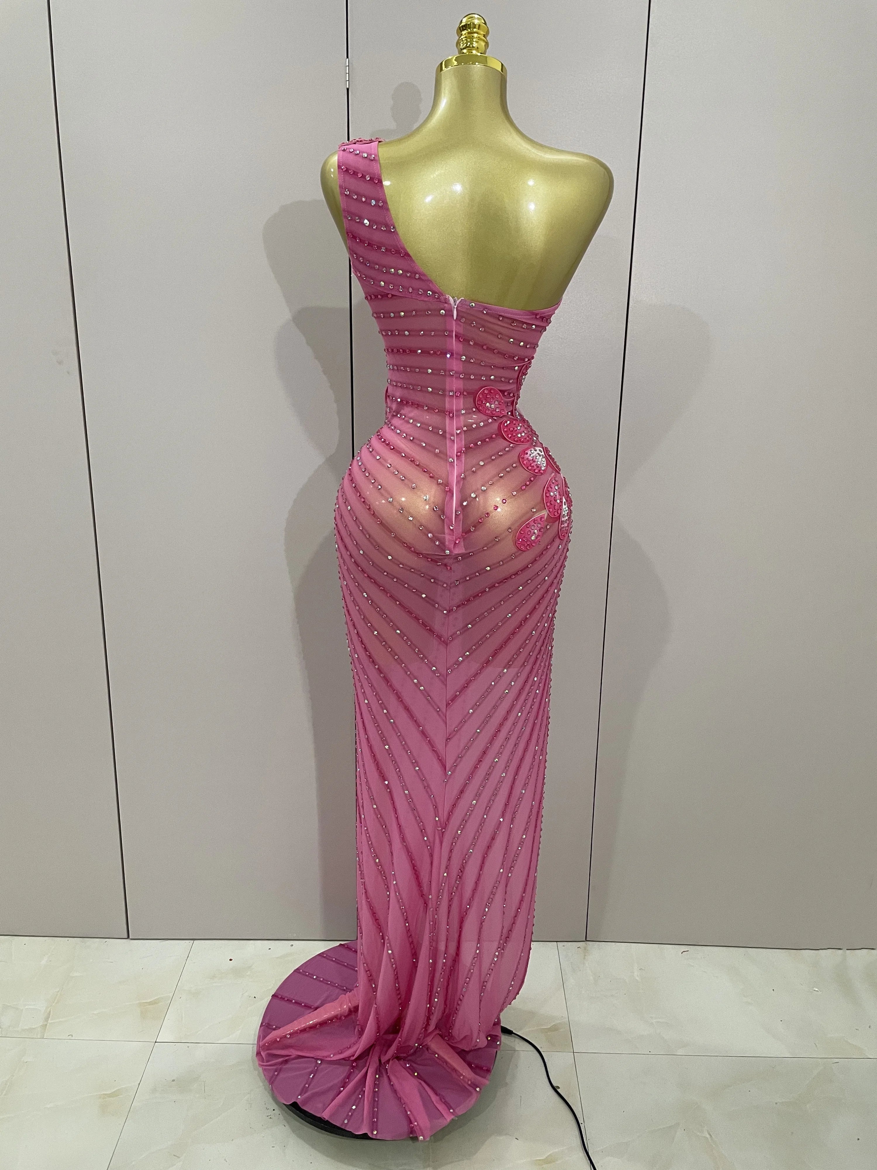 Luxury Shinning Rhinestones Flowers Sexy One Shoulder Bodycon Maxi Long Dress 2025 Women Evening Birthday Party Stage Costume
