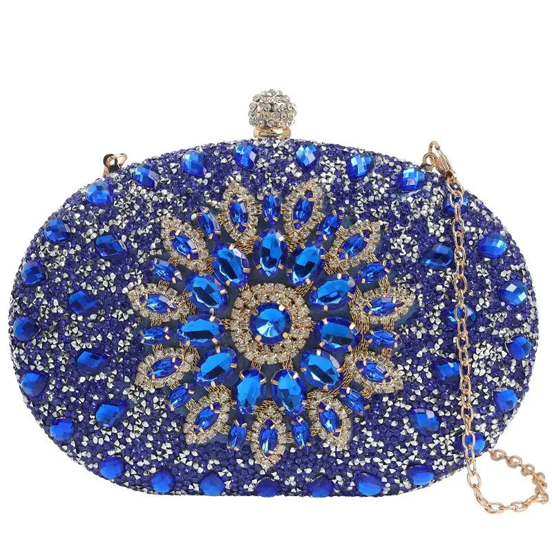 Women Dinner Bag Fashion New Sunflower Inlaid Diamond Banquet Hand Bag Dress Evening Bag Blue