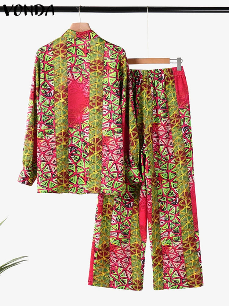 Plus Size 2024 VONDA Women Elegant Outfits 2024 Autumn Pant Sets Stylish Long Sleeve Casual Printed Top Trousers Two Piece Suits