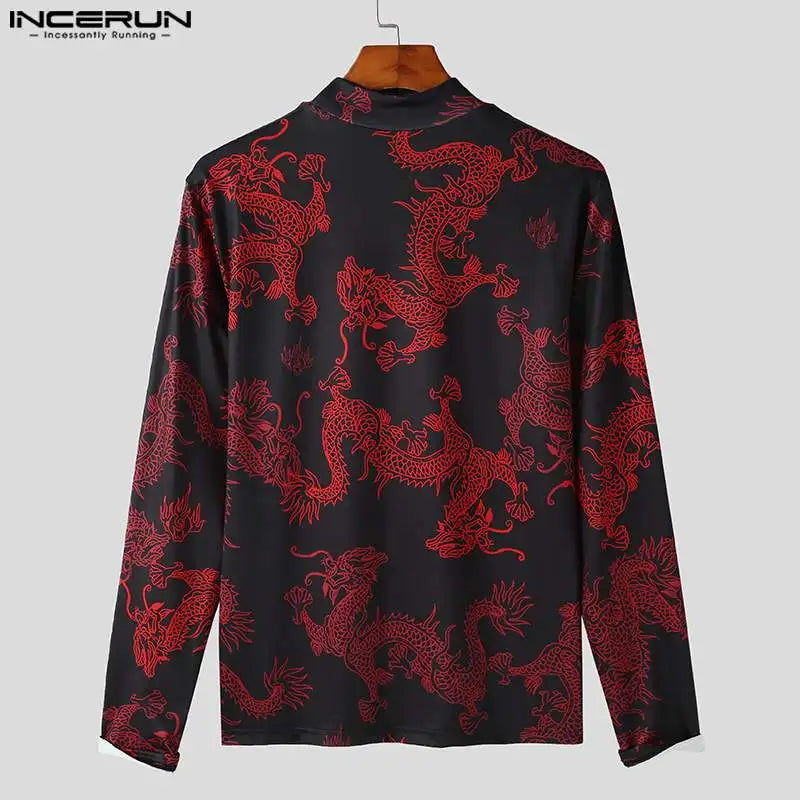 American Style Fashion Men Retro Dragon Totem Pattern T-shirts Casual Personalized Long Sleeved Camiseta S-5XL