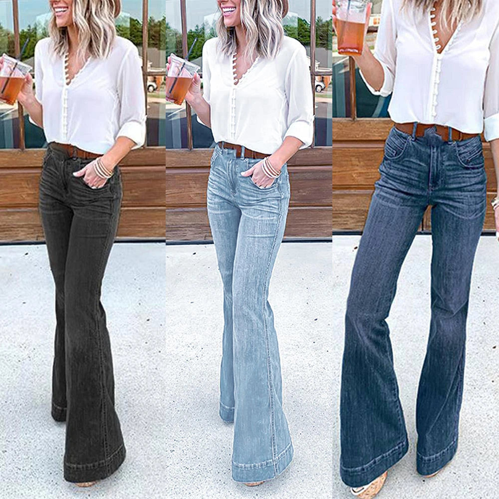 Women High Street Denim Flare Pants Vintage Fashion Solid Color Multi-pocket Jeans Ladies High Waist Wide Leg Bootcut Trousers