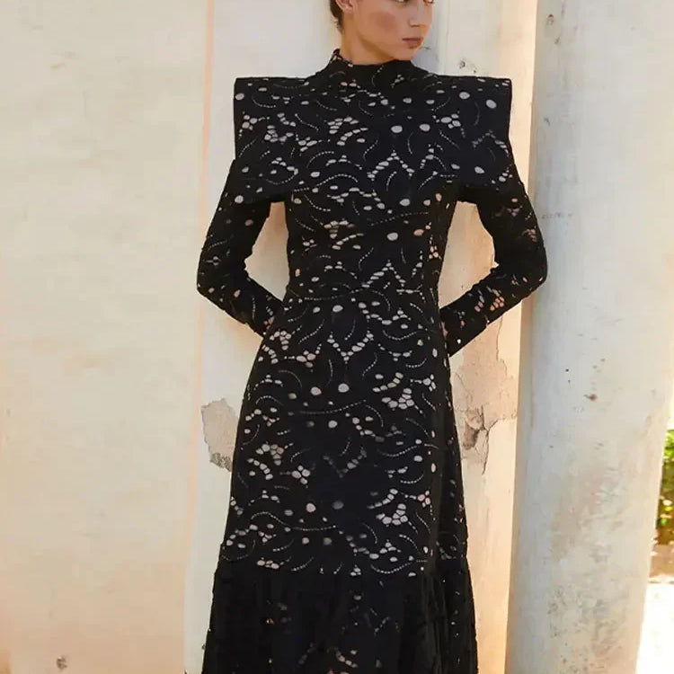 Elegant Hollowed Lace Maxi White Dress Women Fashion Mock Neck Long Sleeved Shoulder Padded Robes 2024 Evening Women's Clothing