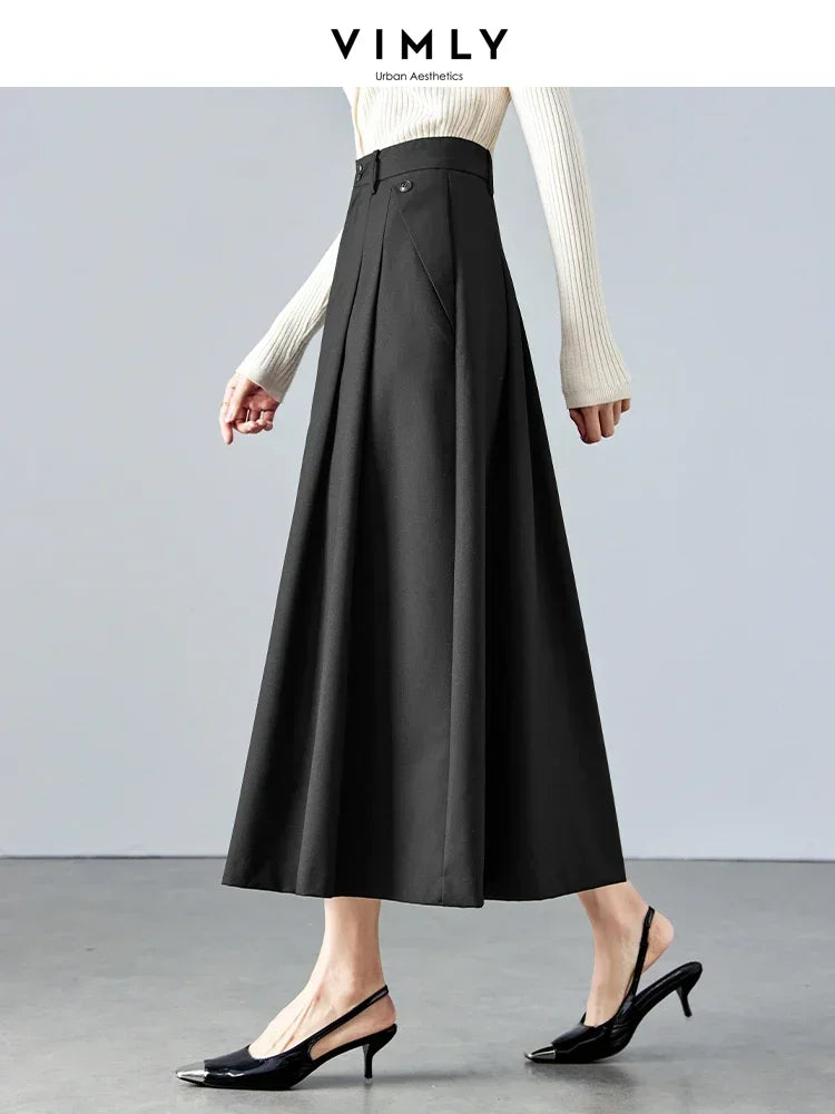 Vimly High Waist Swing Maxi Skirt for Women Spring Solid Elegant Office Lady Khaki A-line Long Skirts Womans Clothing M2689 Black