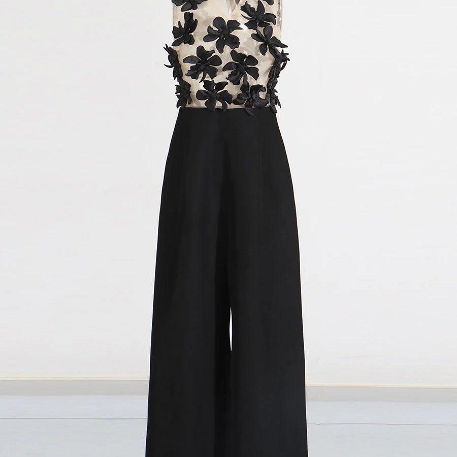 TWOTWINSTYLE Solid Slimming Spliced Appliques Jumpsuits for Women V Neck Sleeveless High Waist Elegant Jumpsuit Female Fashion