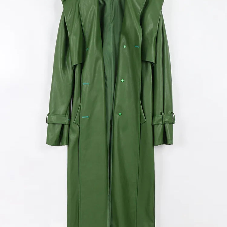 Nerazzurri Autumn Long Cool Green Pu Leather Trench Coat for Women Sashes Single Breasted Stylish Luxury Designer Clothes 2022
