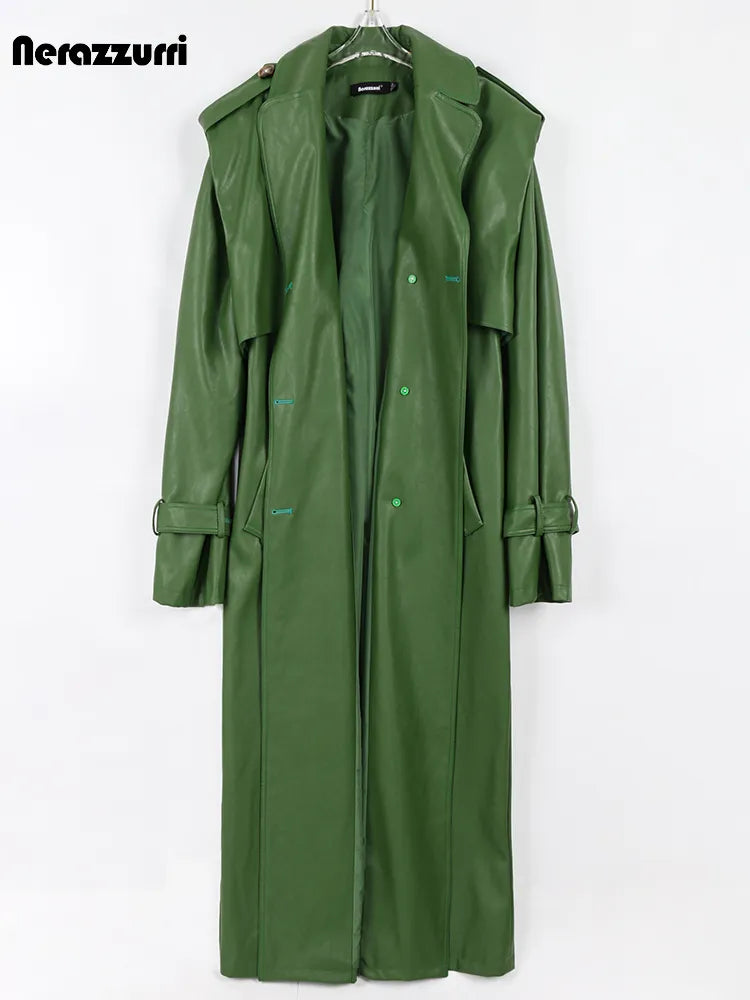 Nerazzurri Autumn Long Cool Green Pu Leather Trench Coat for Women Sashes Single Breasted Stylish Luxury Designer Clothes 2022