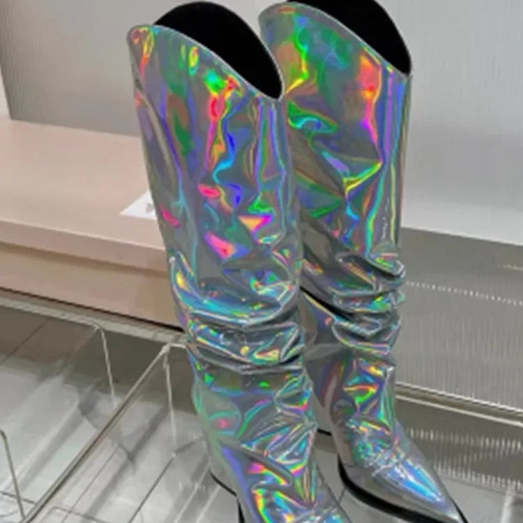 Autumn/Winter Mirror Face Thick High Heel Mid Boot Pointed Fashion High Boot Banquet Party Colorful Over Knee Long Boot Colorful Silver