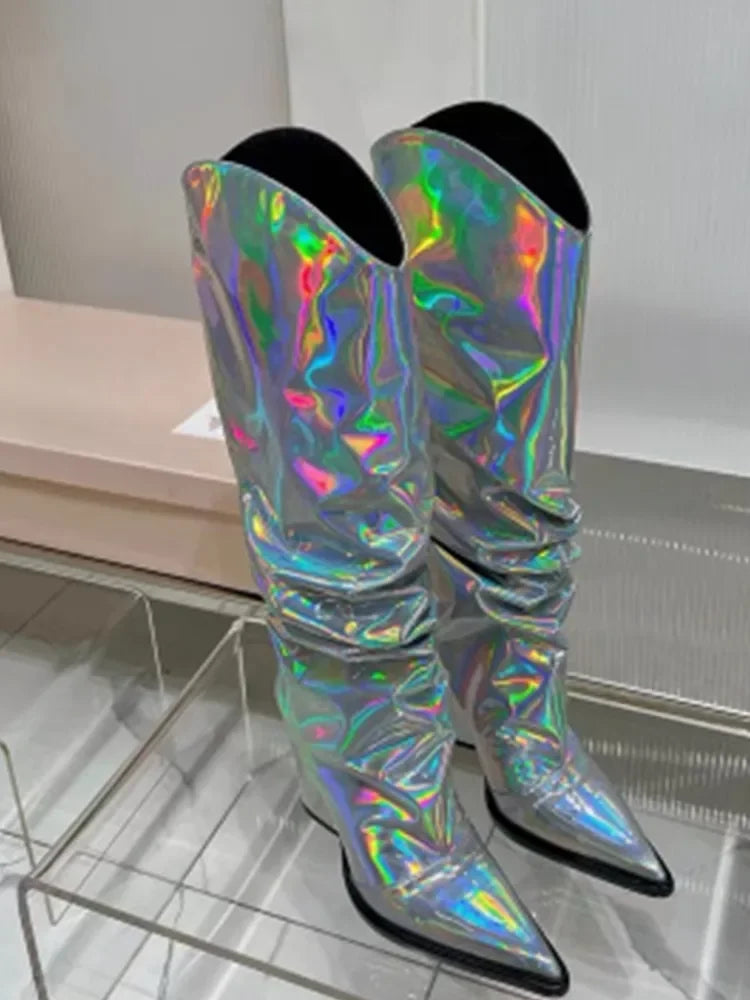 Autumn/Winter Mirror Face Thick High Heel Mid Boot Pointed Fashion High Boot Banquet Party Colorful Over Knee Long Boot Colorful Silver