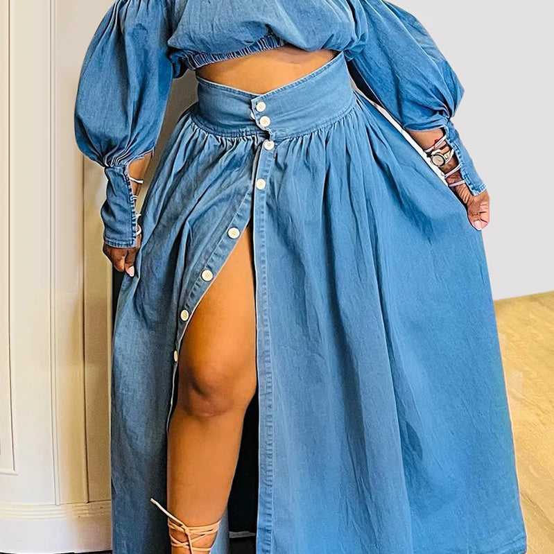 Women Denim Two Piece Set Plus Size Split Hem Off the Shoulder Elegant Puff Sleeve Elastic Top and High Waist Skirt Set Outfits