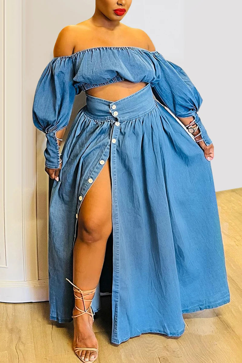 Women Denim Two Piece Set Plus Size Split Hem Off the Shoulder Elegant Puff Sleeve Elastic Top and High Waist Skirt Set Outfits