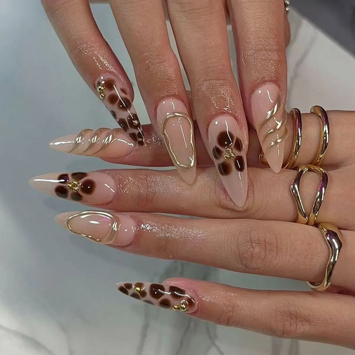 24pcs/set fake nails for women girls 3D embossed flowers cute pink blue leopard print Almond Square tips press on false nail