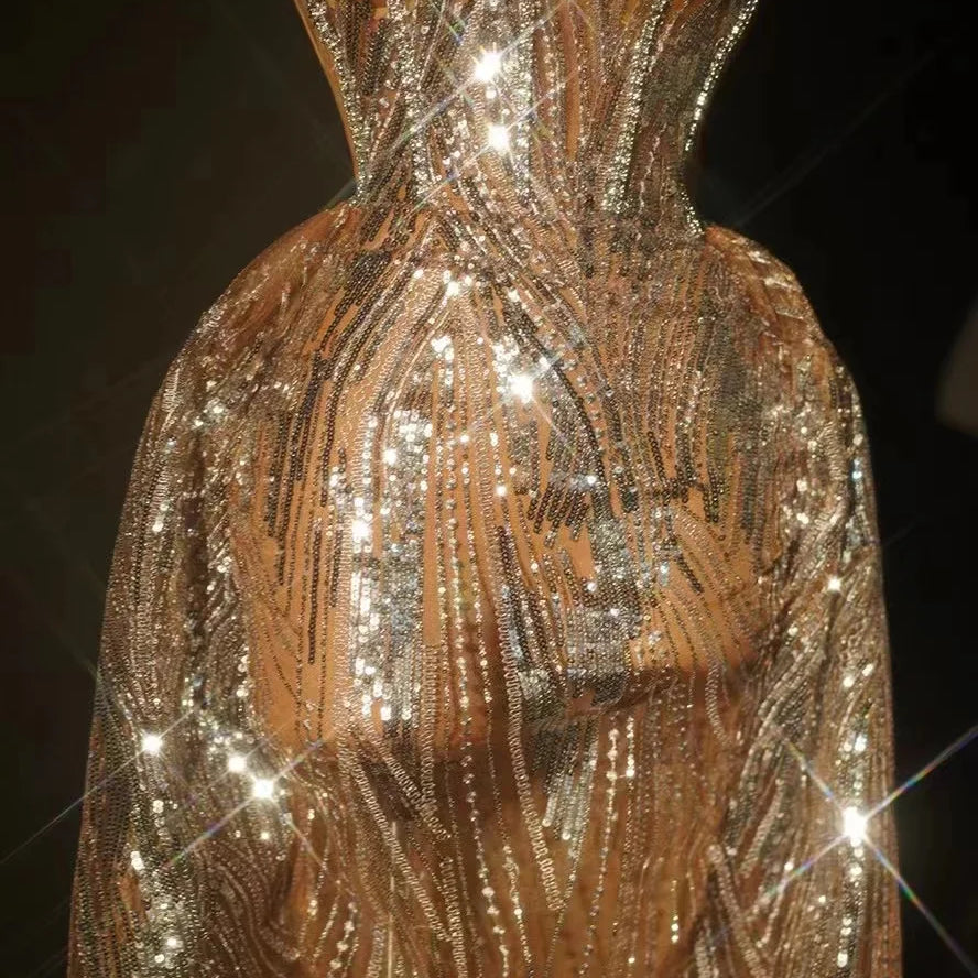 Silver Sparkly Crystal Women Strapless Laced-up 2 Pieces Long Dress Celebrate Birthday Photo Shoot Performance