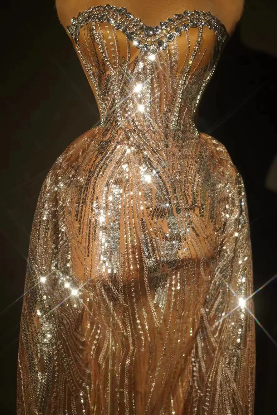 Silver Sparkly Crystal Women Strapless Laced-up 2 Pieces Long Dress Celebrate Birthday Photo Shoot Performance