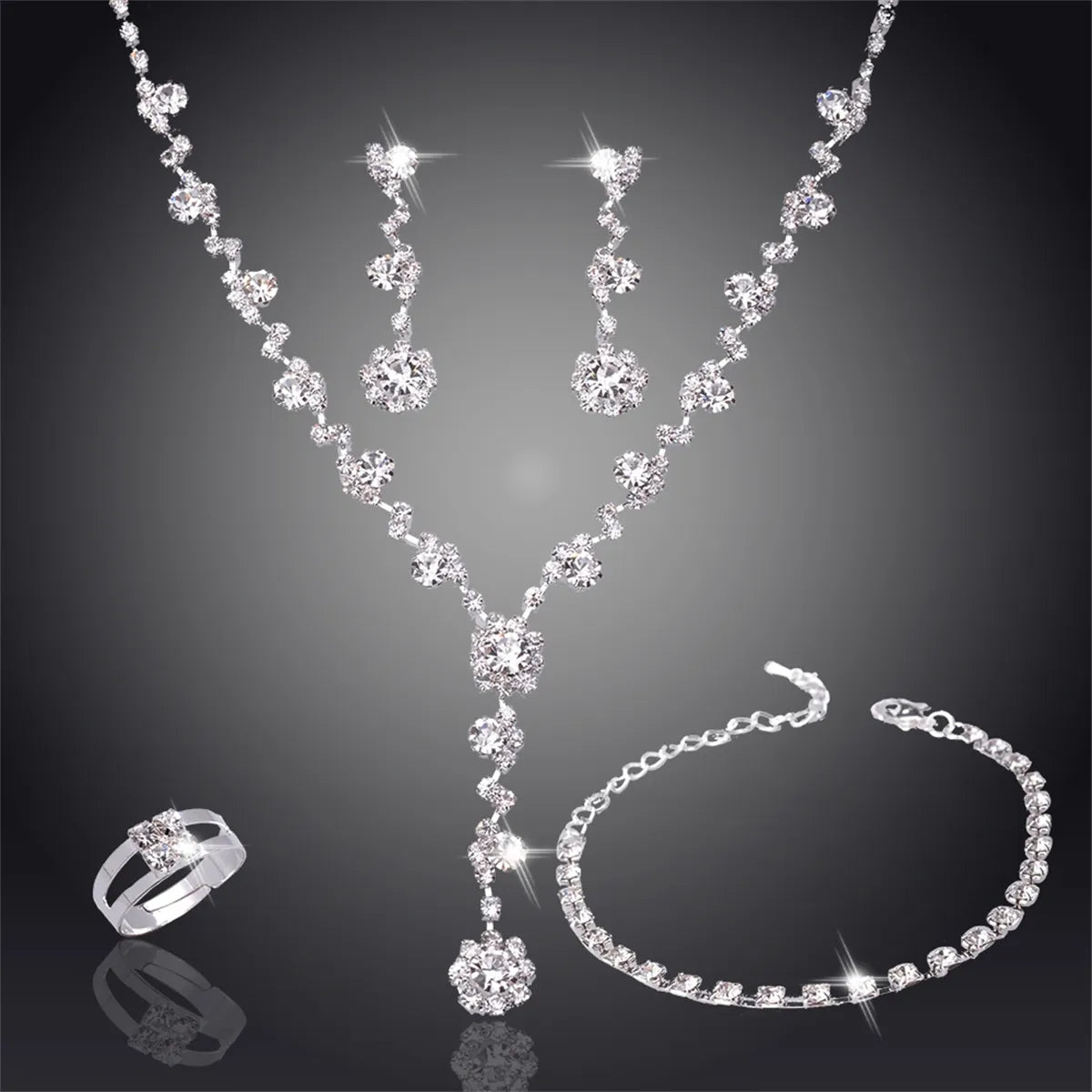 Luxury Elegant Zircon Flower Necklace Earrings Set For Women Silver Color Rhinestone Waterdrop Heart Wedding Bridal Jewelry Set