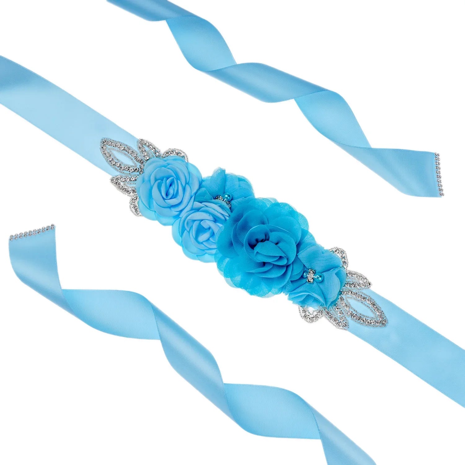Wedding Accessories Bridal Belts Satin Flower Sash Woman Girl Belts Flower Bead Belts Floral Belt Wedding Rhinestone Flower Belt 1-Sky blue