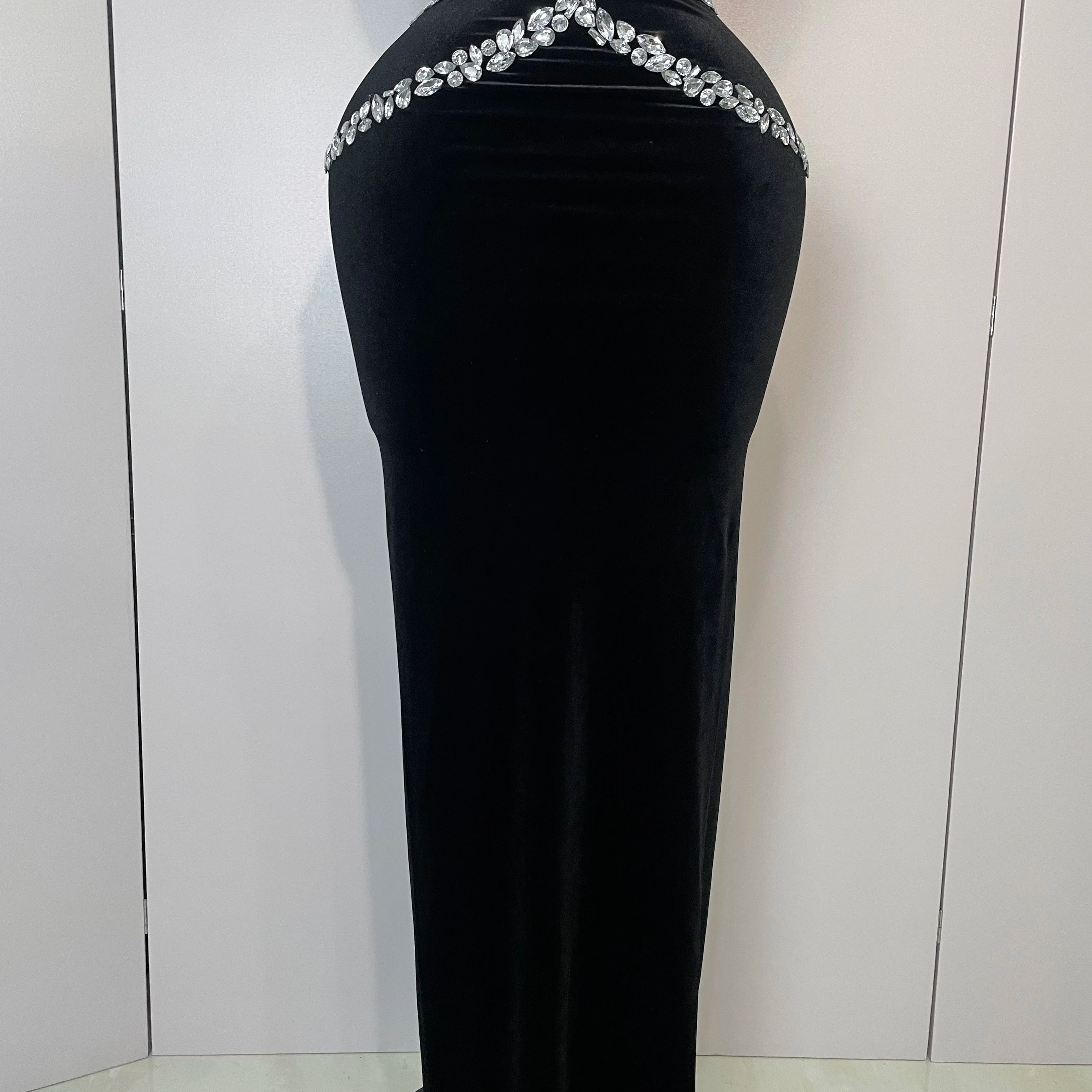 ESTOQUE 2025 Conjunto de duas peças feminino com strass brilhantes, veludo sexy, cantora, boate, comemoração de aniversário, vestidos elegantes para festa