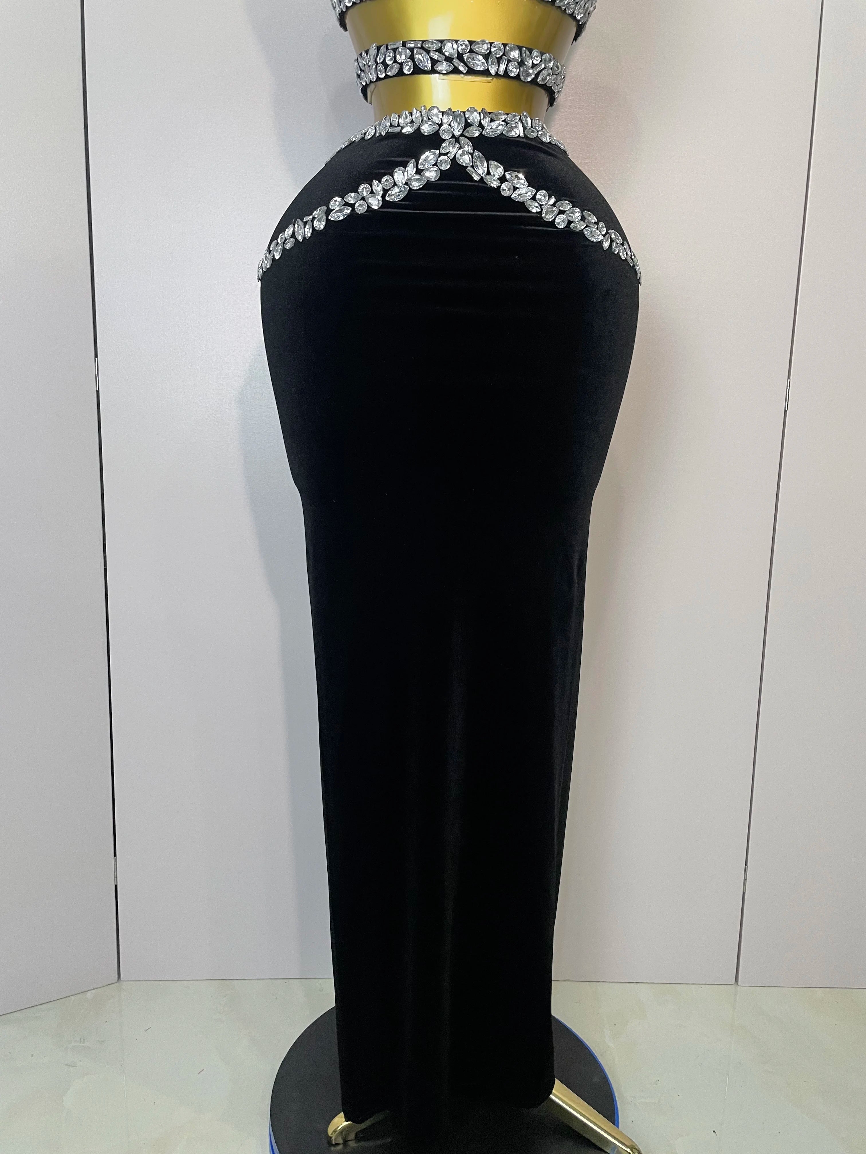 ESTOQUE 2025 Conjunto de duas peças feminino com strass brilhantes, veludo sexy, cantora, boate, comemoração de aniversário, vestidos elegantes para festa