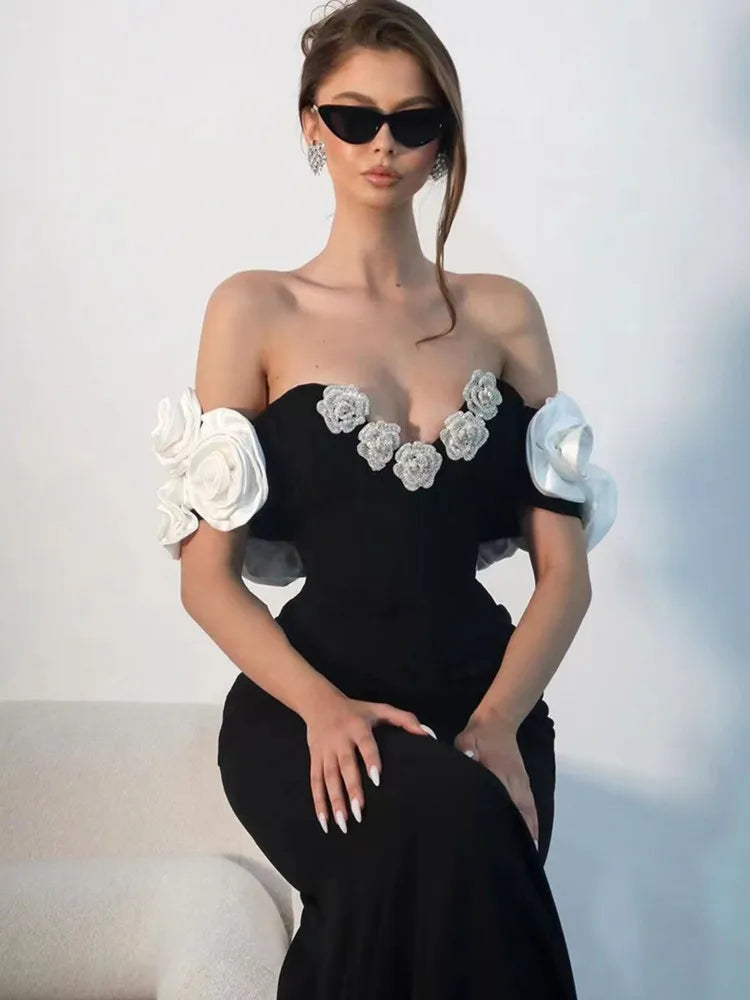 Women Celebrity Summer Sexy Off Shoulder Black Flower Maxi Long Bodycon Bandage Dress Elegant Evening Club Party Outfit