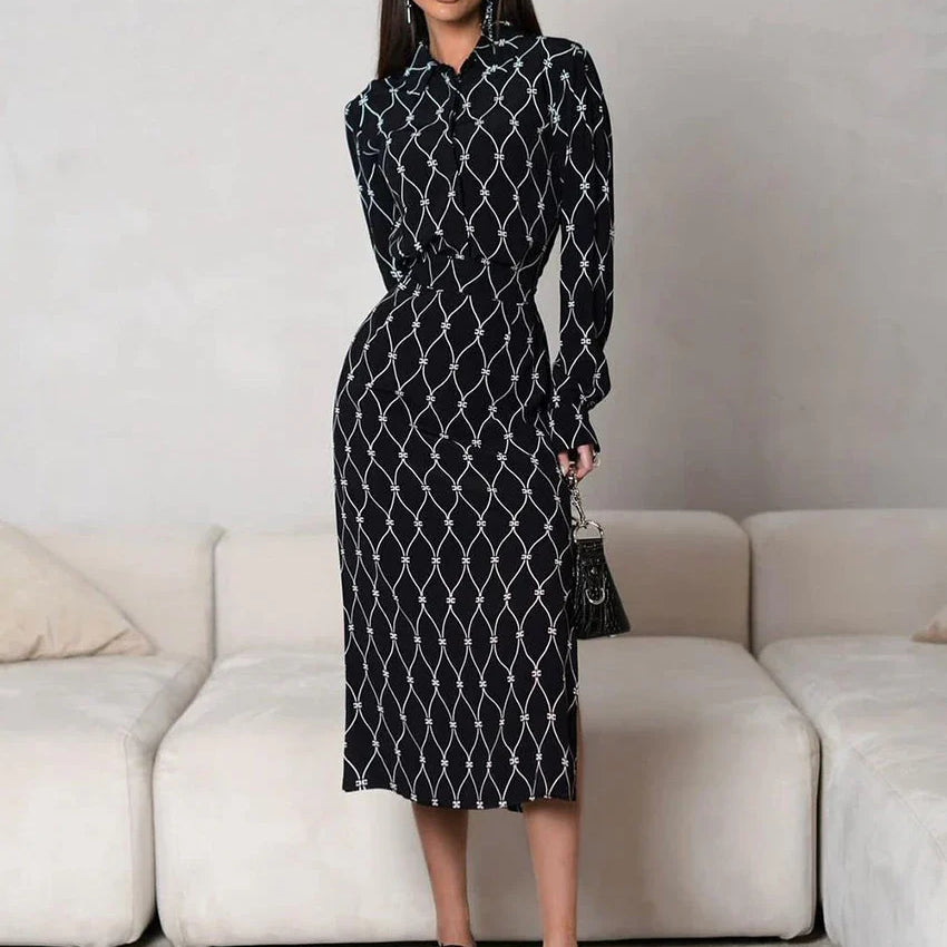 Clacive Fashion Loose Print Women'S Dress Casual Lapel Long Sleeve Midi Dresses Elegant Classic Lace-Up Slit Female Dress black