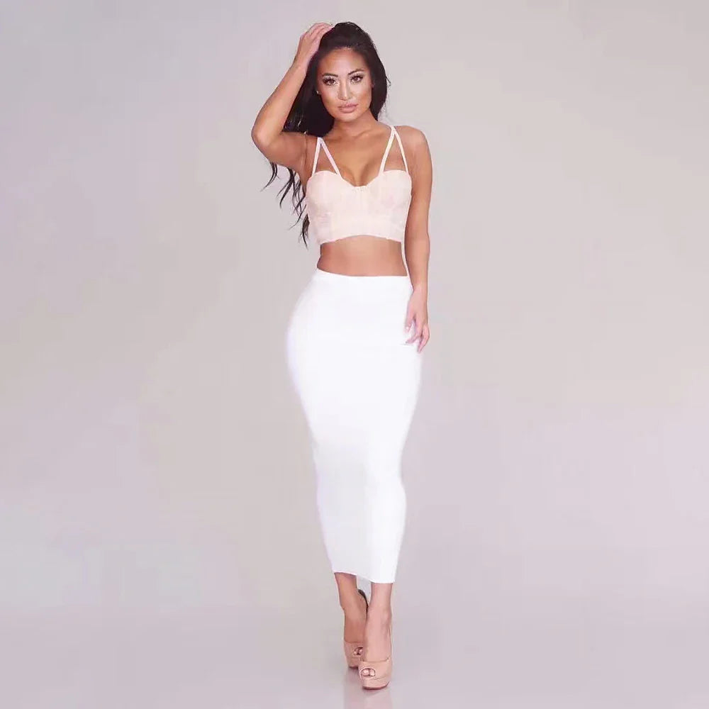 HQBORY Sexy Quality Nude Beige Bandage Skirts Midi 2023 Women Summer Red Split Party Skirt Bodycon High Waist Office Lady Skirt WHITE