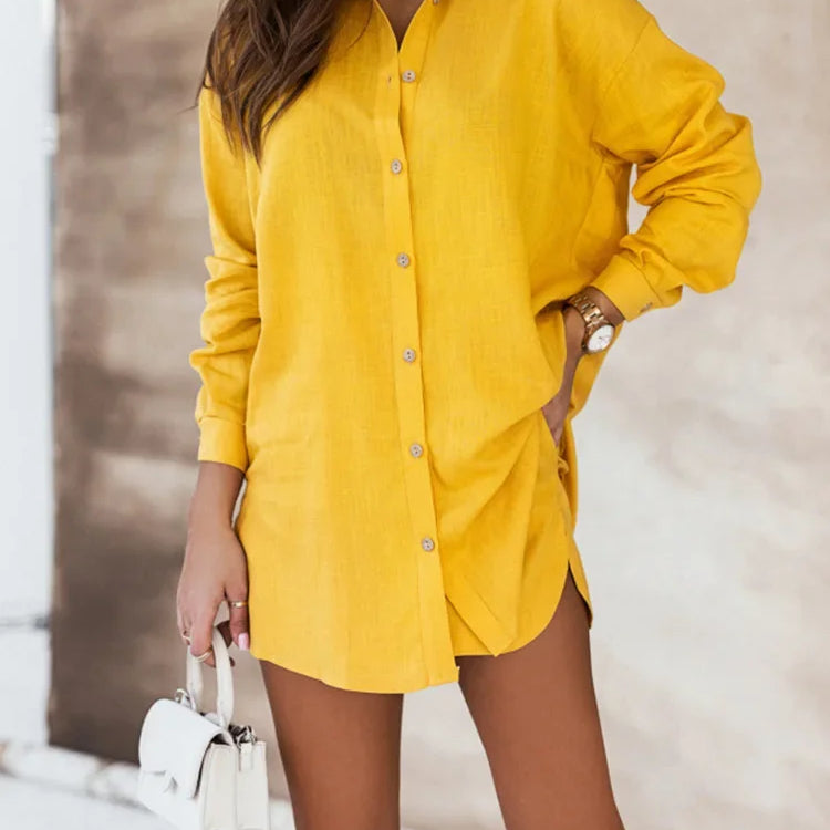 Two Piece Set Womens Outifits Long Sleeve Shirt and Short Print Shorts Suits Vintage Casual Loose Elegant Lapel Female Suit yellow 2TZ73