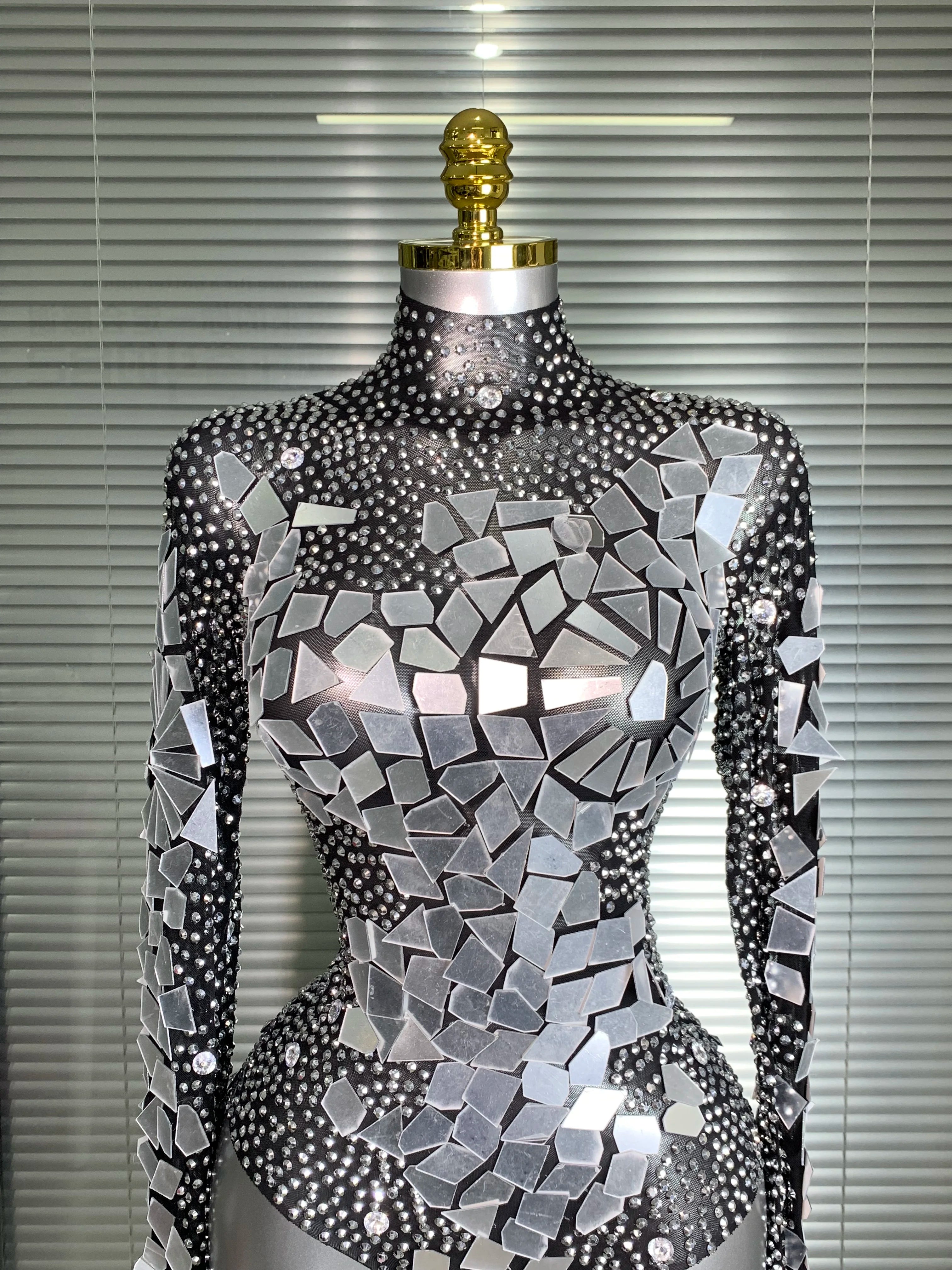 INS New Women Sexy Mesh Rhinestone Mirror Sexy Night Club Bodysuit One Piece Designer Dancer Singer Costume Party Bodysuit