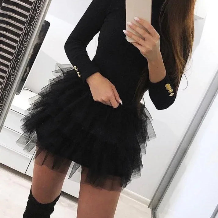 Mini Dress for Women 2023 Fashion Layered Ruffles Mesh Long Sleeve Sexy Party Skinny Dress Elegant Casual Female's Skirt Winter