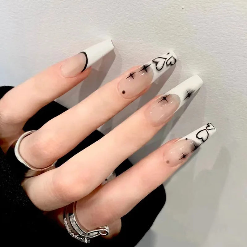 Black Long Coffin Fake Nails Square Head Press on Nails Love Heart Printed Women Girls Valentine's Day Wearable False Nail 24Pcs