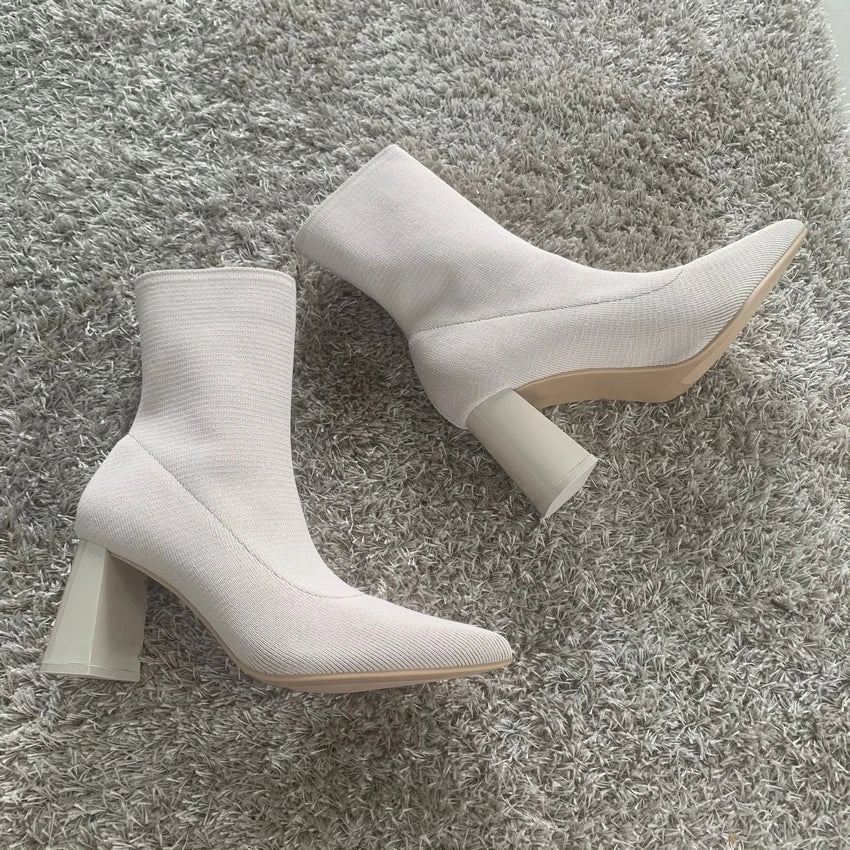 Autumn Winter Knitted Stretch Fabric Socks Boots Women Low Heel Short Boots Pointed Toe Female Ankle Booties Size 42