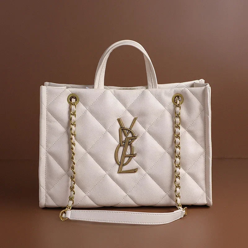 2026 New Women Genuine Leather Quilted Chain Tote Bag, Large Capacity Crossbody Sling Chic Shoulder Purse for Work and Travel