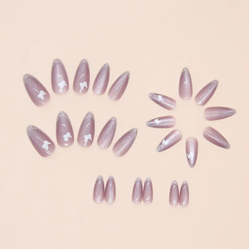 24pcs French Style Purple Cat Eyes Press on Nails White Butterfly Simple Almond Nails Full Cover Wearable False Nails