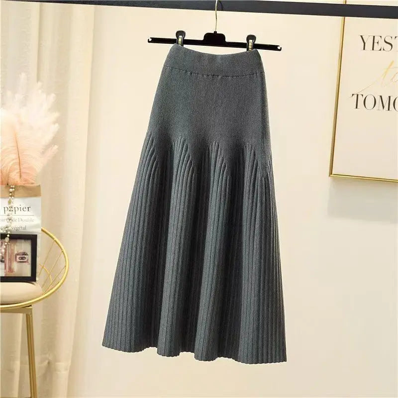 Women Winter Loose A-Line Midi Skirt Casual Elegant Office Lady Skirt Trendy All-Match New Basic Skirt Solid Pleat Knit Skirt Gray
