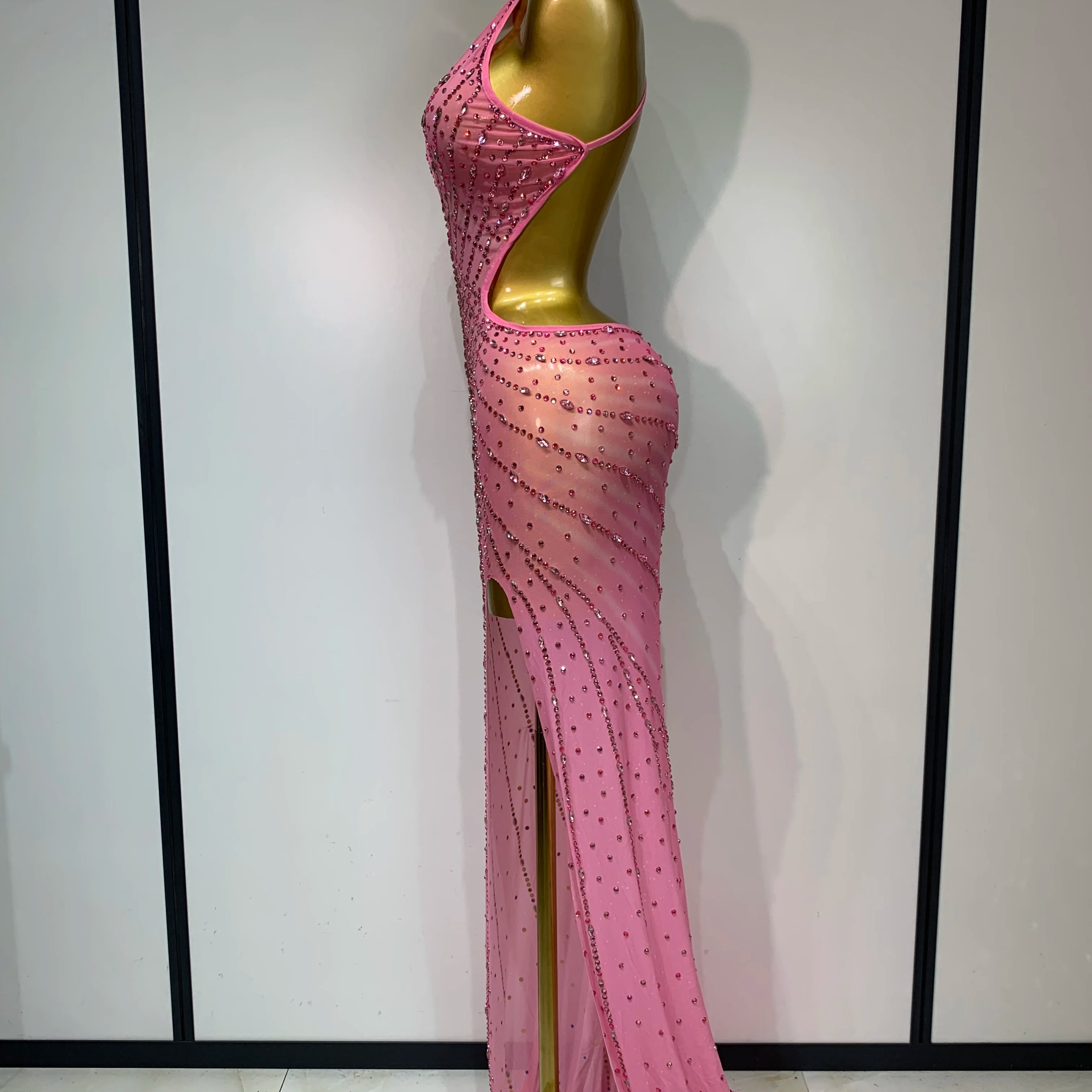 Sparkly Rhinestone Halter Mesh Transparent Dress Birthday Celebrate Evening Party Dress Women Sexy Split Backless Stage Outfit