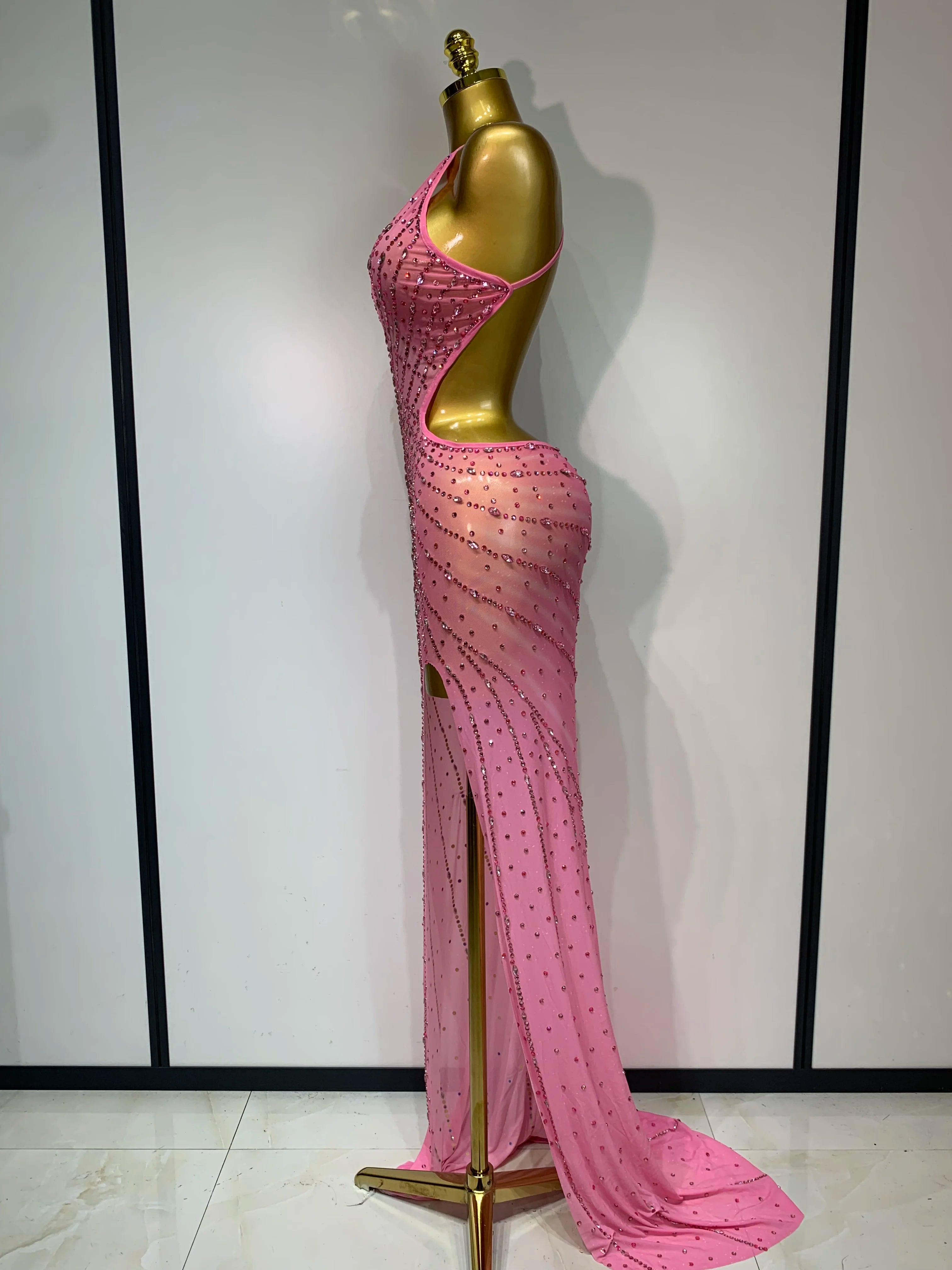 Sparkly Rhinestone Halter Mesh Transparent Dress Birthday Celebrate Evening Party Dress Women Sexy Split Backless Stage Outfit