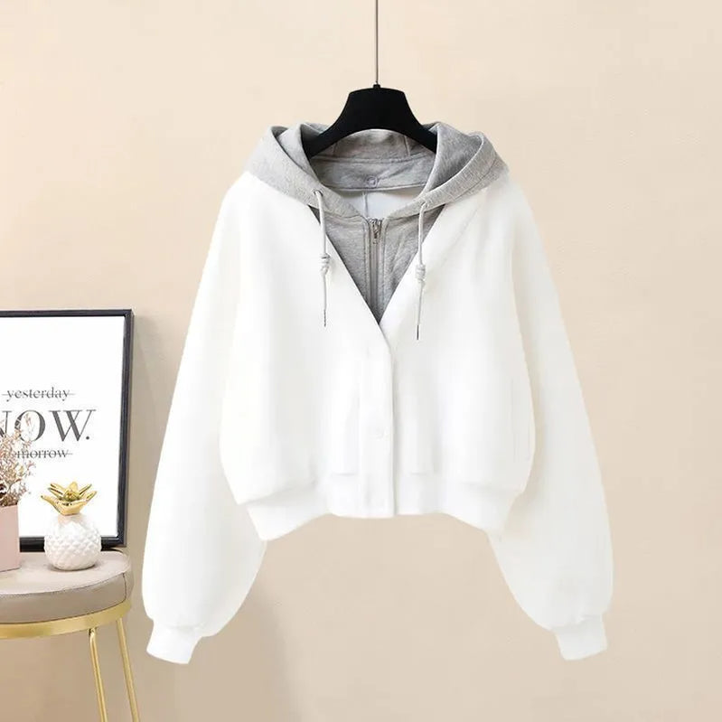 Autumn New Plush and Thick Patchwork Hoodie Jacket Pleated Mini Skirt Two-piece Elegant Women's Skirt Set Outfits only white hoodie