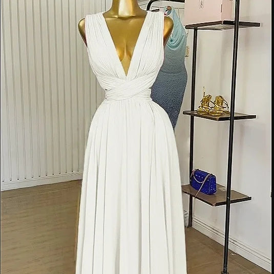 CM.YAYA Women Sleeveless Cutout Back Wrap V-neck Pleated A-line Chiffon Maxi Long Dress Birthday Vacation Sexy Party Dresses WHITE