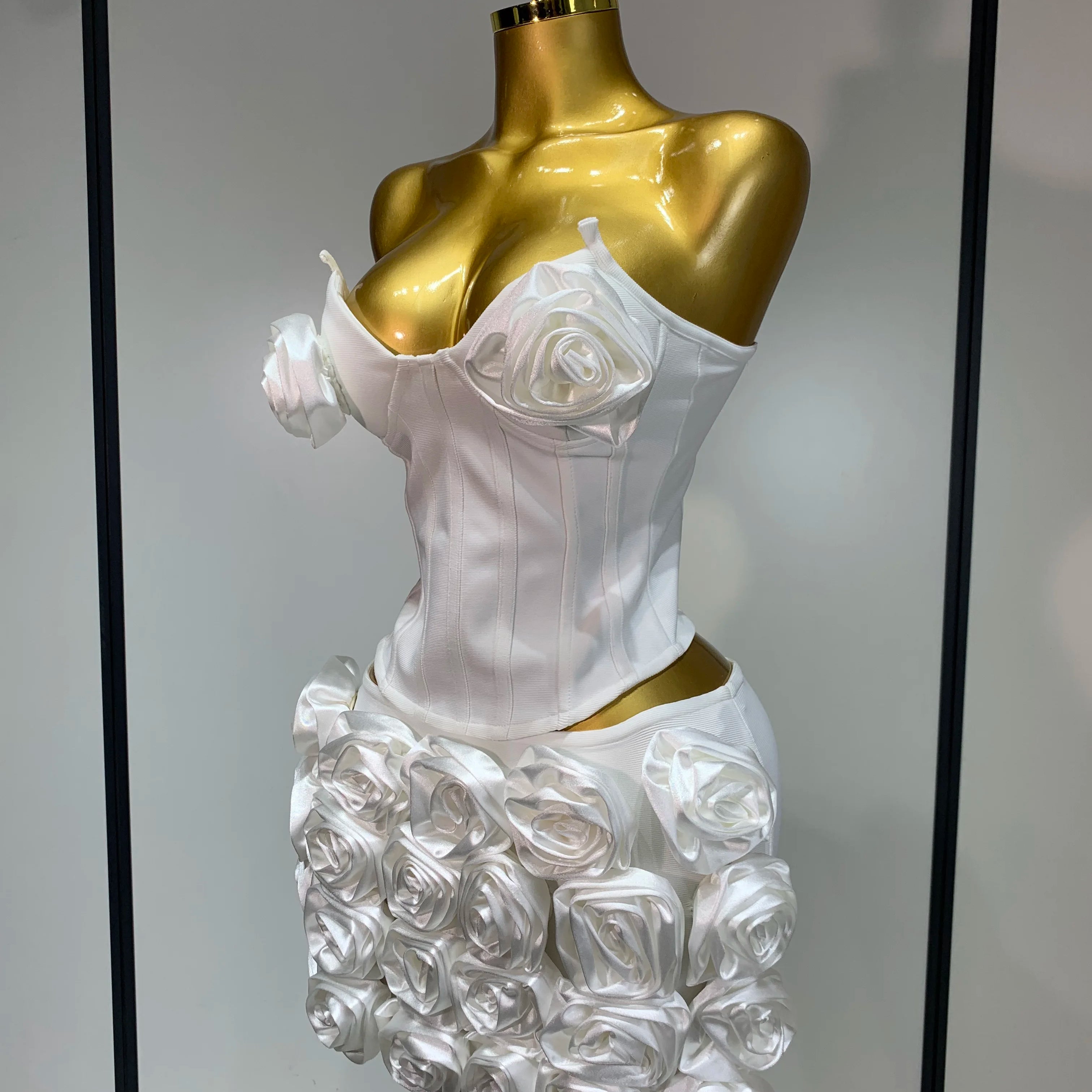 Women Sexy Backless Sleeveless 3D Flower Strapless Two Piece Set 2025 Celebirty Elegant Evening Club Party Luxury Birthday Gown